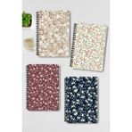 Qoeuyl Boutique Mini Çiçekler Tasarım Tel Spiralli 4'lü Hatıra, Günlük, Ajanda, Anı, Okul Defter Seti - 001-Renkli - A4 - Kareli