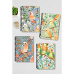Qoeuyl Boutique Minik Kuşlar No:2 Tasarım Tel Spiralli 4'lü Hatıra, Günlük, Ajanda, Anı, Okul Defter Seti - 001-Renkli - A4 - Kareli