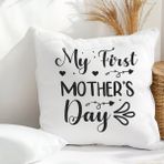 Qoeuyl Boutique My First Mother's Day Baskılı Anneler Günü Hediyelik Elyaf Dolgulu Saten Dekoratif Yastık - 28 x 28 cm - Beyaz