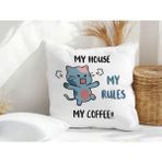 Qoeuyl Boutique My House My Rules Baskılı Elyaf Dolgulu Hediyelik Yastık - 28 x 28 cm - Mavi