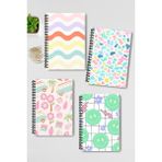 Qoeuyl Boutique Pastel Retro Temalı Tasarım Tel Spiralli 4'lü Hatıra, Günlük, Ajanda, Anı, Okul Defter Seti - 001-Renkli - Çizgisiz - A4