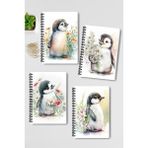 Qoeuyl Boutique Sevimli Penguen Tasarım Tel Spiralli 4'lü Hatıra, Günlük, Ajanda, Anı, Okul Defter Seti - 001-Renkli - Çizgisiz - A5