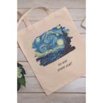 Qoeuyl Boutique Starry Night Van Gogh Temalı Baskılı %100 Pamuklu Ham Bez Bej Çanta