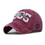 QOHNK AP Yıkanmış Denim Beyzbol Şapkası, 1985 İşlemeli Düşük Profilli Spor Baba Şapkası Ayarlanabilir Açık Hava Sporları Beyzbol Şapkası, Wine Red, One Size