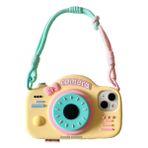 QoKcoahn iPhone 13/14 için Kılıf, Komik 3D Karikatür Retro Kamera Telefon Kılıfı Braket ve Bileklikli Sevimli Kawaii Telefon Kılıfları Yumuşak Silikon Darbeye Dayanıklı Koruyucu Kadın Kız iPhone 13/14
