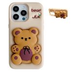 QoKcoahn iPhone 13/14 için Kılıf, Komik 3D Karikatür Yay Ayı Standı Haki Kılıflar Sevimli Kawaii Telefon Kılıfları Yumuşak Silikon Darbeye Dayanıklı Koruyucu Kılıf Kadın Kız iPhone 13/14 için
