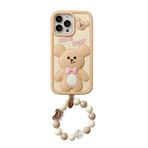 QoKcoahn iPhone 14 Pro için Ayı Kılıfı, iPhone 14 Pro için 3D Kawaii Telefon Komik Sevimli Karikatür Pembe Yay Ayı Kılıfı Boncuklu Bilezik Yumuşak Silikon Jel Düşmeye Karşı Koruma Kılıfı