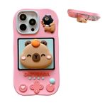 QoKcoahn iPhone 16 için Kılıf, Komik 3D Karikatür Capibara Braketi Pembe Kılıflar Sevimli Kawaii Telefon Kılıfları Yumuşak Silikon Darbeye Dayanıklı Koruyucu Kılıf Kadın Kız iPhone 16 için
