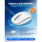 qromax Şarj Edilebilir Kablosuz Mouse Dual Mode 1600 DPI Ergonomik 2.4G Bluetooth cns-beyaz