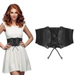 QttvbTna Kadın Korse Kemeri Geniş, Vintage Bağcıklı Korse Suni Deri Elastik Bel Kemeri, Korse Kemeri, Bağcıklı Korse Elbise, Tişört, Cosplay Kostüm için Bağlı, Siyah, 70x14.5x10cm