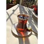 Qualitev 12 Parça Yaldızlı Cam Çay Takımı Porselen Çay Seti Çay Bardağı - Pera 6 Kişilik - Şeffaf - Beyaz - 0 - 499 ml