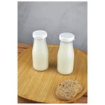 Qualitev 2 Adet Beyaz Plastik Kapaklı Cam Şişe 200 ml Şeffaf Sürahi Süt, Ayran, Su, Limonata Meşrubat Şişesi