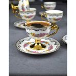 Qualitev 2 Kişilik Porselen Pembe Çiçekli Vintage Gold Ayaklı Kahve Fincan Takımı 90 ml - Altın