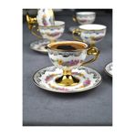 Qualitev 2 Kişilik Porselen Pembe Çiçekli Vintage Gold Ayaklı Kahve Fincan Takımı 90 ml
