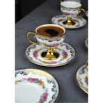 Qualitev 6 Kişilik Porselen Pembe Çiçekli Vintage Gold Ayaklı Kahve Fincan Takımı 90 ml - Altın