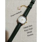 Quartz Kadın Kol Saati Vintage Gold Kasa- Oval Model- Hakiki Deri Koyu Yeşil Dikişli Kordon TT0054 - 20 cm