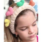 Queen Aksesuar Moda Peluş Oyuncak 3D Kalpli Bebek Çocuk Kadın Makyaj Bandana Saç Bantı Lastikli Krem