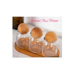 Queens Naz Home 3'lü Cam Kavanoz Seti Top Mantar Kapak Ahşap Stant Hediyeli Top Mantar Kapaklı 300 ml