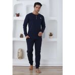 Quilling Lacivert Renk, Pamuk, Lastikli Kol Ve Paçalı, Uzun Kolu Erkek Pijama Takımı - 0300