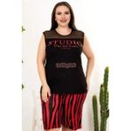 Quilling Rahat ve Şık Kadın Çizgili Desen Siyah Renk Büyük Beden Şortlu Anne Pijama Takımı - 10405 - 4XL - Siyah - Kırmızı