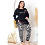 Quilling Siyah Renk, Beyaz Çizgili Lady 11402 Kadın Uzun Kol Büyük Beden Anne Pijama Takımı