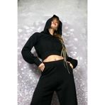 Quincey Kapşonlu Crop Düşük Omuz Bluz/Sweatshirt, 50, BDM2818, Siyah, kadın