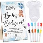 Qunclay 12 Adet Bebek Tulumu Bebek Duş Oyunu 1 Oyun Ahşap Bodysuit İşareti Masa Üstü Dekor 1 Beyaz Boş Yenidoğan Bodysuit Bebek Duş Cinsiyet Gösterimi için 10 Kumaş İşaretleyici Parti (Mavi Ayı)