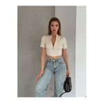 QUTTA Bej Ters Dikiş Kısa Kolu Fermuarlı Kadın Fitilli Crop Body