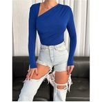 Qutta Kadın Saks V Dekolte Detaylı Önü Çift Kat Sandy Kumaş Bluz - Lacivert - 2XL