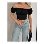 QUTTA Kadın Siyah Balon Kol Büzgülü Madonna Yaka Dalgıç Kumaş Crop Bluz