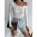 Qutta Kadın Tek Omuz Halkalı Uzun Kol Dalgıç Kumaş Crop Bluz - Beyaz - S