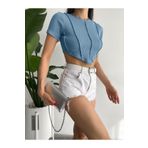 QUTTA Mavi Kısa Kollu Ters Dikişli Kadın Fitilli Crop Bluz