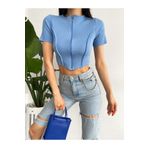 QUTTA Mavi Ters Dikiş Kısa Kolu Fermuarlı Kadın Fitilli Crop Body