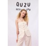 Quzu Düğmeli Straplez Keten Bluz Naturel