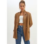 Quzu Kadın Keten Blazer Ceket Kahverengi Tek Düğmeli Cepli Casual Stil Modern Kalıp - XS