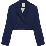 Quzu Kadın Kruvaze Crop Blazer Ceket Lacivert Dokuma Cepli Stil Casual