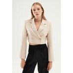 Quzu Kadın Kruvaze Crop Blazer Ceket Taş Dokuma Malzeme ile Casual Stil Sunuyor