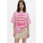 Quzu Love Yazı Baskılı Oversize Tişört Pembe