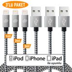 QWERTS Hızlı USB Lightning Kablo – 3’lü Şarj Kablosu Seti - iPhone XS/X/8 Plus/7/7 Plus/6/6 Plus/6s/6s Plus/5/5s/5c/SE&iPad ile Uyumlu – Siyah Beyaz