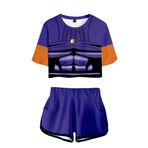 QYIFIRST Adventure Kujo Jotaro Kuujou Joutarou Triko Üniforması Jarse Set Bare Midriff Tişört Şort Set Cosplay Kostüm Mavi Kadın XXL