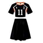 QYIFIRST Anime Karasuno High School Tsukishima Kei Voleybol Club Jersey Crop Top Nr.11 Tişört Rock Suit Cosplay Kostüm Siyah Kadın XS
