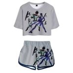 QYIFIRST Bizarre Adventure Higashikata Josuke Triko Üniforması Jarse Set Bare Midriff Tişört Şort Set Cosplay Kostüm Gri Kadın XXL