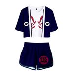 QYIFIRST Triko üniforma jarse set Bare Midriff tişört şort set kostümlü oyun kostümü mavi kadın XXL