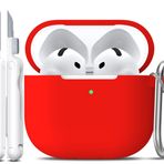 R-fun Airpods için Temizleyici Kitli 4. Nesil Kılıf Kapak, Anahtarlıklı Yumuşak Deri Silikon Kılıf Kapak, Erkekler ve Kadınlar için Tam Koruyucu Kılıf, Apple Latest Airpods 4 ile Uyumlu, Kırmızı