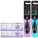 R.O.C.S. Baby 0-3 Yaş Mor Turkuaz 35 ml Ihlamur Özlü Yutulabilen Diş Macunu ve Neon 0-3 Yaş 2 Diş Fırçası Seti