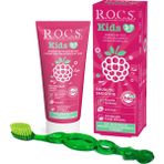 R.O.C.S. Kids 3-7 Yaş 45 g Ahududu Smoothıe Tadında Florürsüz Diş Macunu ve 3-7 Kids Yeşil Fırça Seti