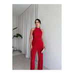 Rabia Çelik Kadın Kırmızı Halter Yaka Pilli Tulum