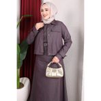 Rabia Zülal Denim Ceketli Kemerli Sıfır Kol Elbise Takım - Kahverengi