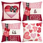 RABUSOFA Sevgililer Yastık Kılıfları 18x18 4'lü Set, Sevgililer Kırmızı Pembe Kalpler Sarılmalar ve Öpücükler Seni Daha Çok Seviyorum Dekoratif Çiftlik Evi Tatil Düğün Dekoru Sevgililer Günü
