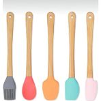 Raftan Topla 5&amp;#39;li Renkli Ahşap Saplı Silikon Uçlu Spatula Fırçalı Kaşık Seti -Yemek Hazırlık Seti 21 cm